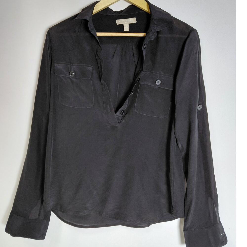 BANANA REPUBLIC Silk Blouse Black Solid Long Sleeve 100% Silk Women Size S